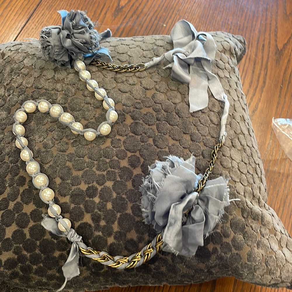 LANVIN blue brushed, gold, large, pearl ribbon, necklace, stunning